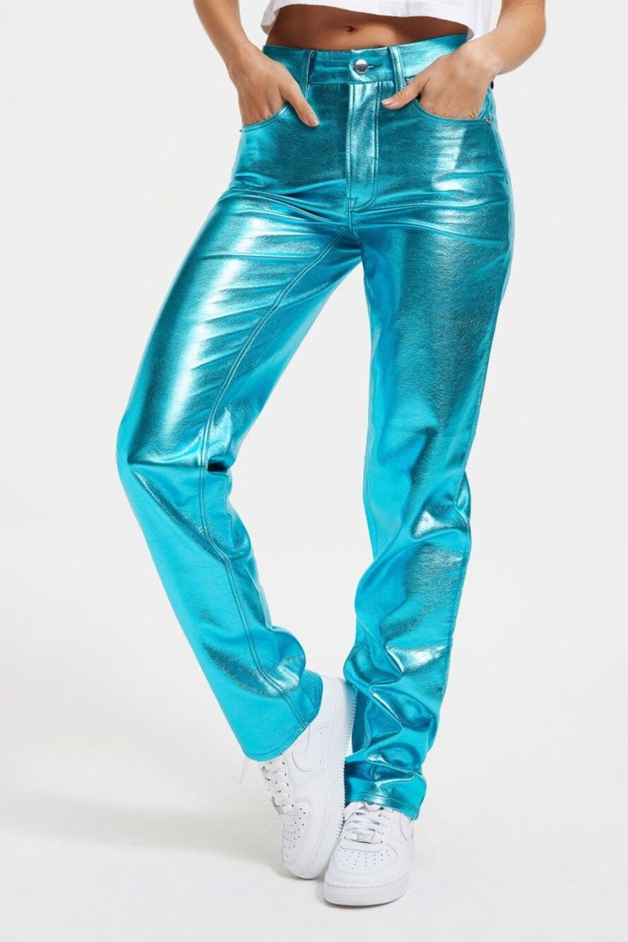 Good American Good Icon High Rise Straight Metallic Blue Faux Leather Pants 003